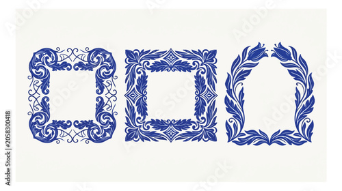 Tableau sur toile Vintage blue damask frame set, ornate baroque floral borders, classic porcelain