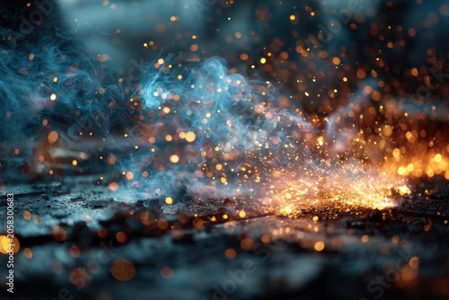Close-up of glowing sparks and smoke rising from a surface, creating a dramatic visual effect with vibrant colors and dynamic lighting in a dark environment