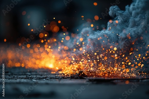 Close-up view of sparks and smoke rising from a surface, with glowing embers and bokeh effect creating a dramatic and dynamic visual scene