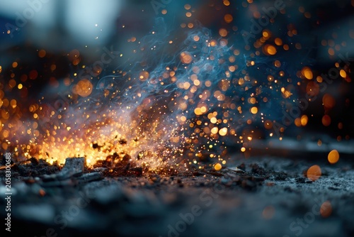 Close-up view of glowing sparks and embers flying from a metal surface during a welding or metalworking process in an industrial setting