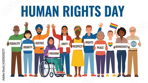 Photos People of diverse backgrounds hold signs with positive words to celebrate Human Rights Day together
