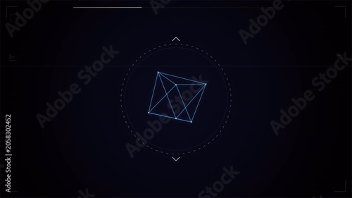 Futuristic HUD interface with rotating 3D geometric wireframe, cyber technology concept 4k video