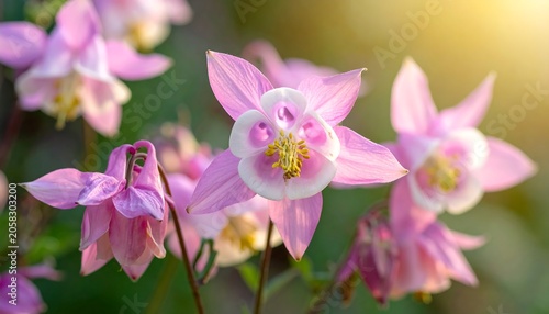 A close-up photo of pink flowers with yellow centers and white accents