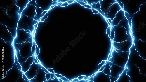 A dynamic motion graphic featuring expanding circular rings of glowing blue lightning and electricity