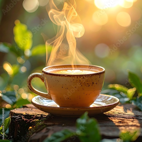 A warm cup on a saucer with rising steam on a tree stump