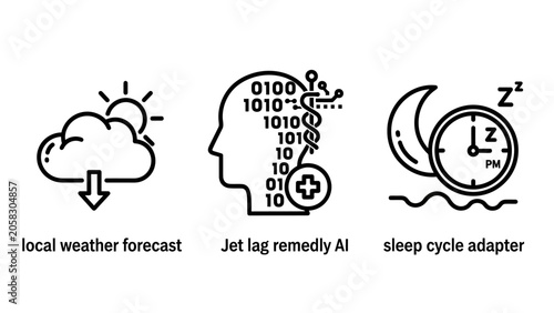 Health and wellness technology icons for local weather forecast jet lag AI remedy and sleep cycle adapter with wellness forecast intelligence technology biometric tracking lifestyle innovation
