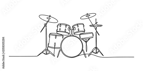 Canvas Print Continuous single line drawing of a drum set musical instrument