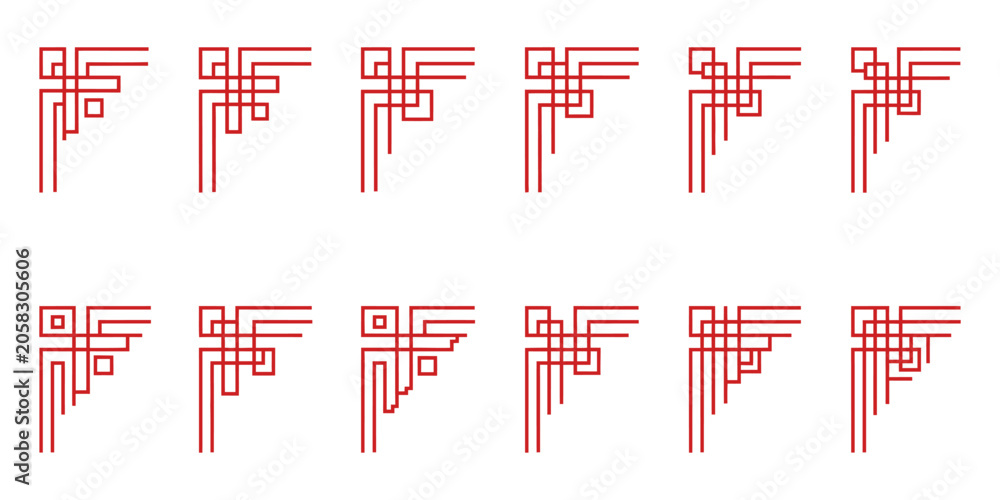 Obraz premium Chinese corner set, asian frame, red border vector pattern