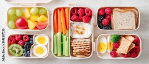 Colorful nutritious children's lunch flat lay with fruit and vegetable snacks
