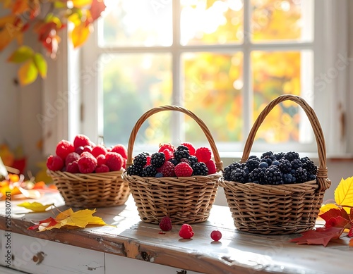 A warm scene of three wicker baskets filled with berries on a wooden table by a sunny window