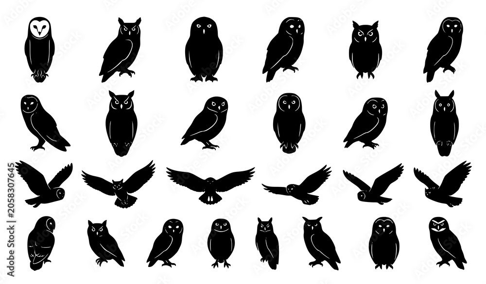 Obraz premium Black owl silhouette vector set with flying perched and side profile owl clipart illustrations