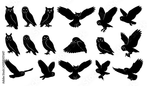 Fotografie Owls clipart silhouette pack featuring nocturnal birds in flight standing and re