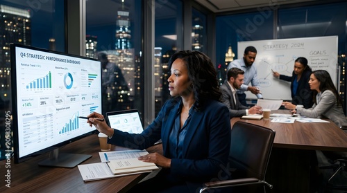 Businesswoman Presenting Data Analytics on Interactive Digital Screen