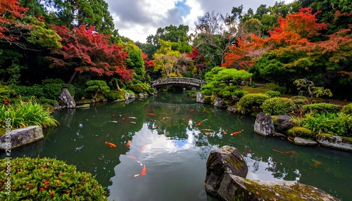 A serene pond with vibrant orange fish and lush greenery surrounds a small bridge, under a cloudy sky