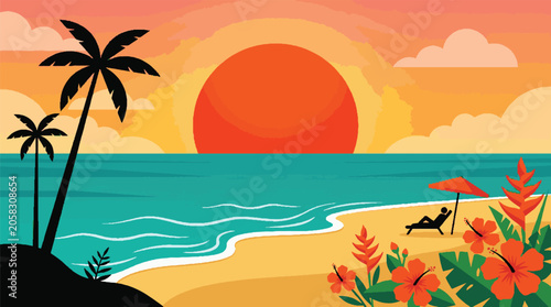 Tropical sunset beach scene with palm trees and hibiscus flowers, tropical