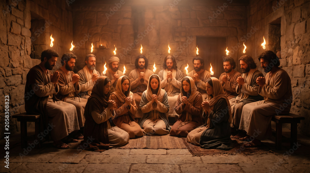 Obraz premium Apostles and woman gathered in prayer at Pentecost. Miraculous descent of Holy Spirit with tongues of fire above heads. Early Christian life and biblical event from Acts of Apostles