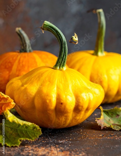 A close-up photo of three small, yellow-orange gourds with green stems on a dark, rustic surface with scattered orange powder and fallen leaves