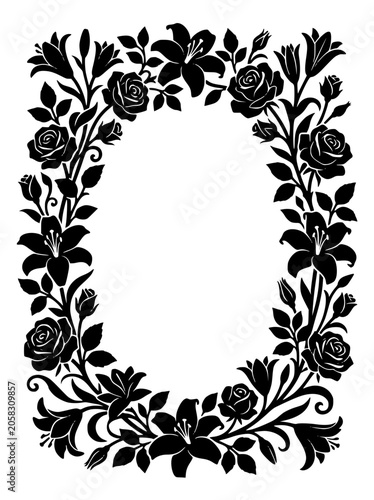Black and White Floral Frame Silhouette with Roses and Lilies