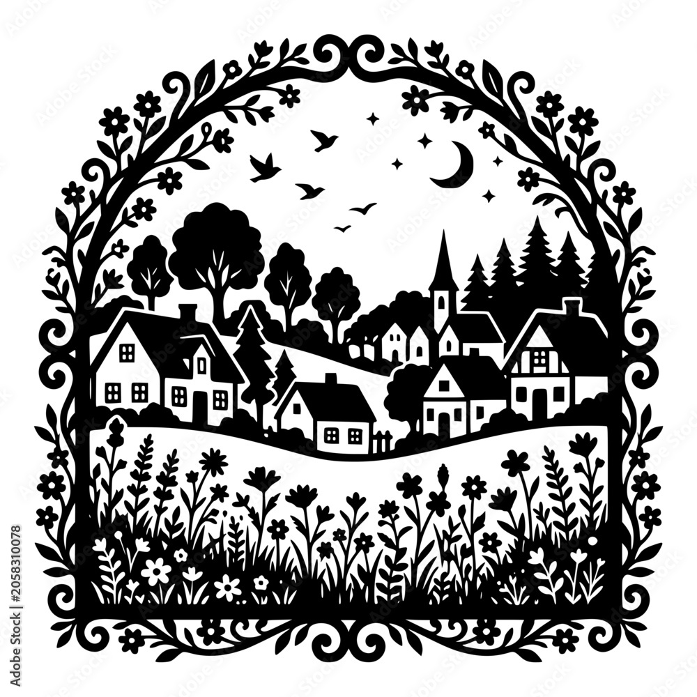 Obraz premium Folk Art Papercut Silhouette of a Peaceful Village Under a Night Sky