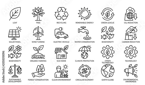 Ecology Line Icon Pack with Renewable Energy Recycling and Environmental Sustainability Symbols