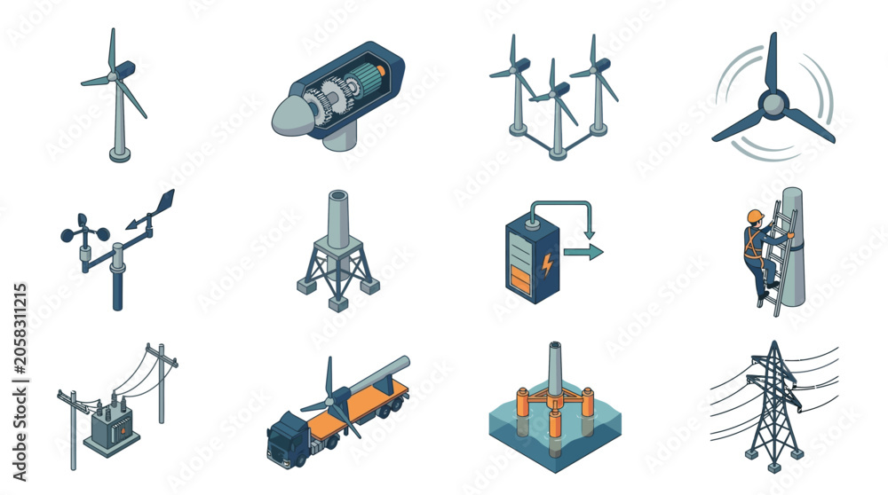 Fototapeta premium Wind Energy Icons Set Isometric 3D: Turbines, Power Lines, Equipment