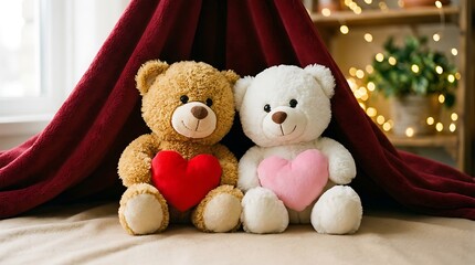 Two cute teddy bears holding heart cushions sitting under a draped red curtain in a room with warm fairy lights and a rustic wooden shelf in the background