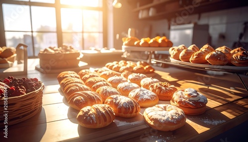 A warmly lit kitchen counter filled with assorted pastries