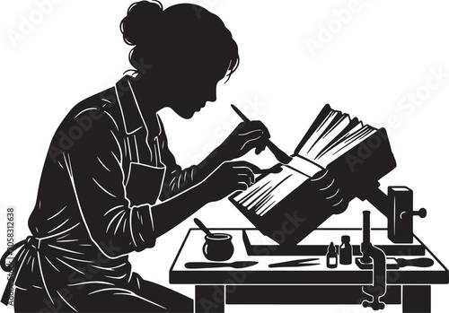 Schilderij op canvas Silhouette of a Bookbinder Restoring an Antique Book, Craftsmanship, Detailed Re