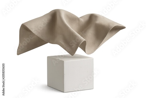 Beige draped fabric wave floating on white cube pedestal