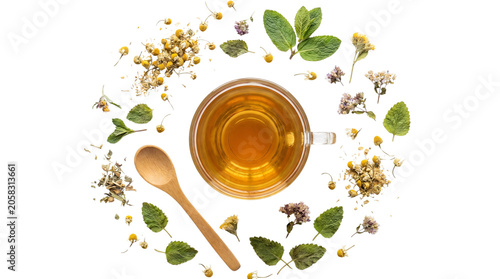Herbal Tea Cup Surrounded by Fresh Herbs and Flowers.