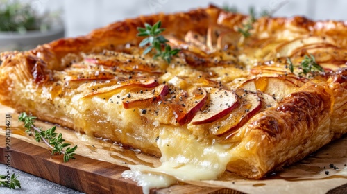 Delicious homemade apple tart with melted cheese and fresh thyme drizzled with olive oil served on a wooden board. Perfect for gatherings and food photography. Generative AI