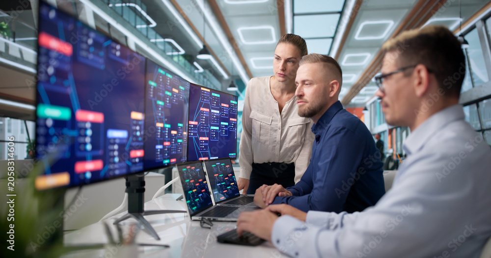 Naklejka premium Diverse Team Works Together Building Software