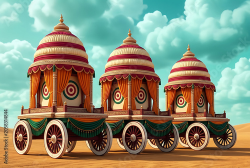 A flat vector banner design displaying three traditional chariots and musicians playing drums during the colorful festival celebration of ratha yatra