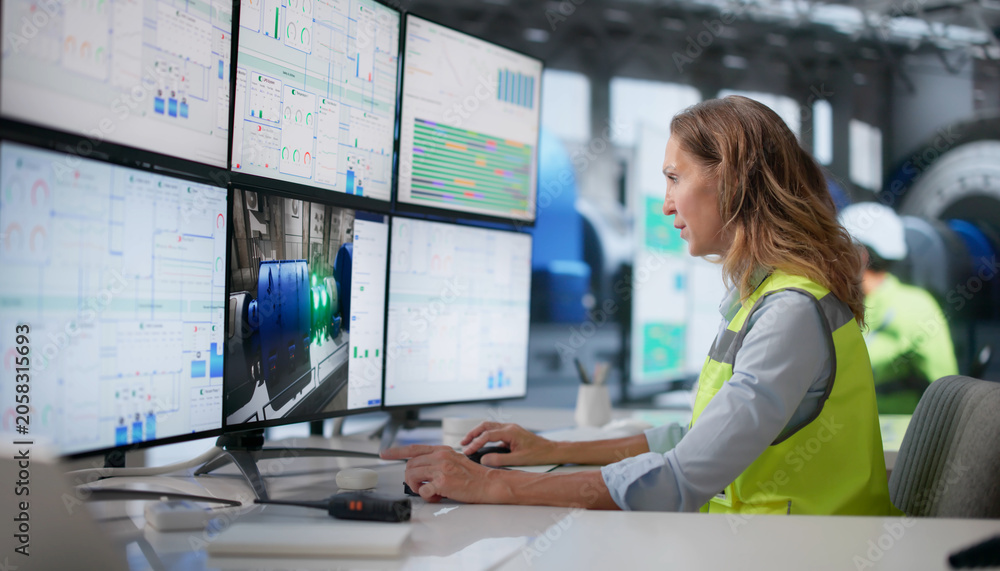 Obraz premium Experienced Female Engineer Monitors Multiple Screens