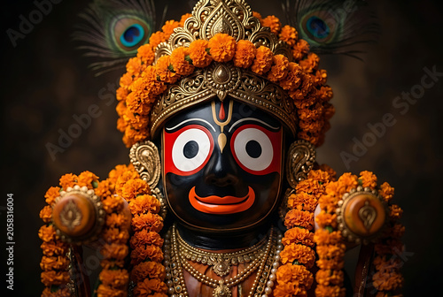 Stunning portrait of black deity statue decorated with bright orange marigold flowers and peacock feathers for celebrating ratha yatra and traditional jagannath ratha yatra puja
