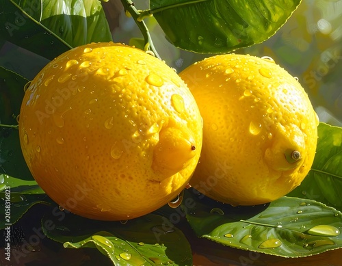 A close-up photo of two wet, ripe yellow fruits surrounded by vibrant green leaves