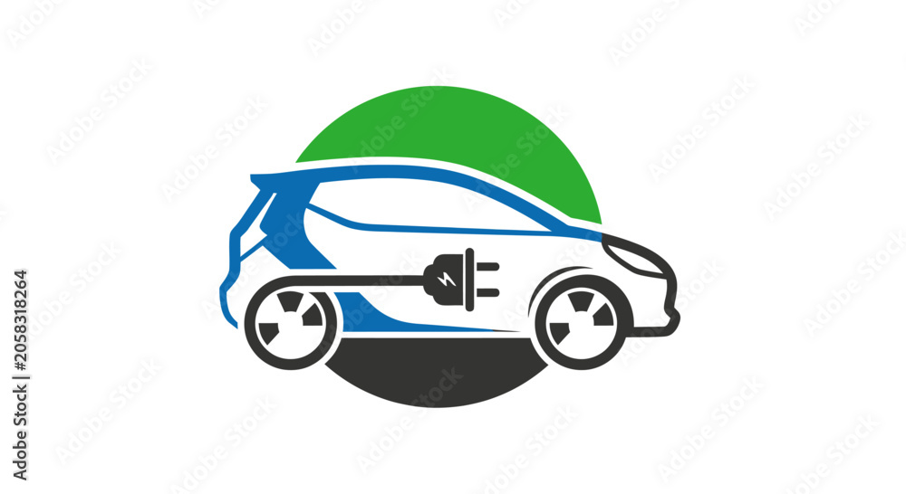 Fototapeta premium Electric car icon with green charging plug.