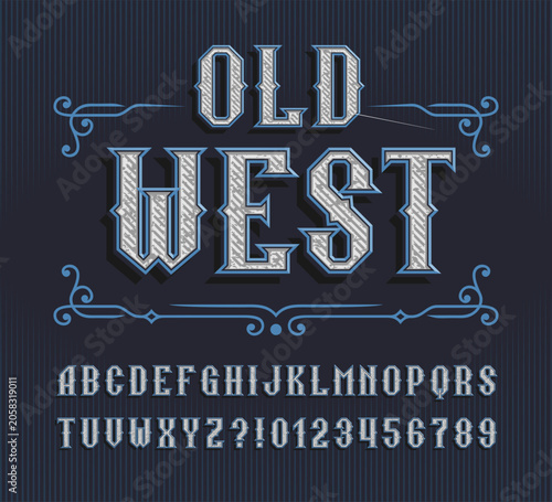 Old west alphabet font. Faded worn letters and numbers with rough texture. Vector typeface for western posters, typography design, label lettering, and antique sign sets.