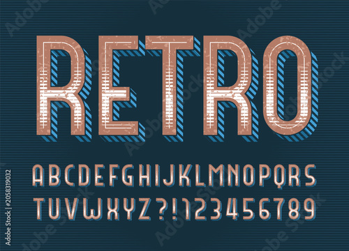 Retro vintage alphabet font. Faded worn dirty letters and numbers with rough scratches. Vector typeface for vintage posters, label lettering, headline typography, and old west signs.