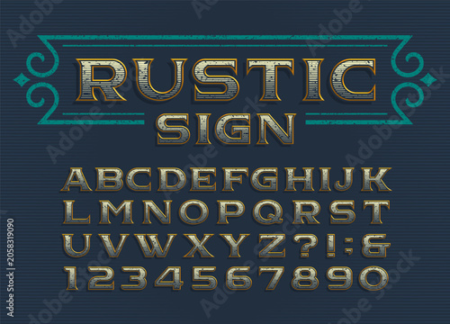 Rustic sign alphabet font. Faded distressed letters and numbers with a scratched dirty texture. Vector typescript for badge design, poster titles, western labels, and antique signage.