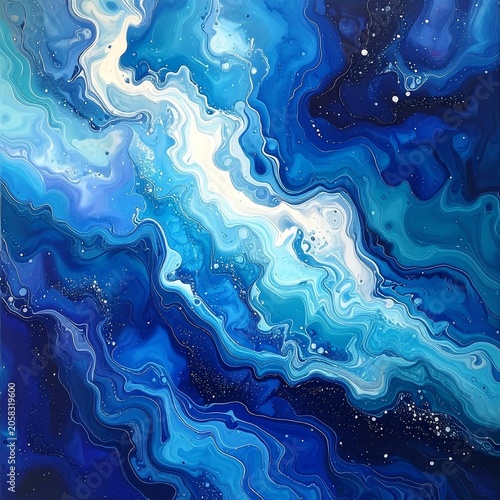 A vibrant abstract artwork featuring swirling shades of blue and white