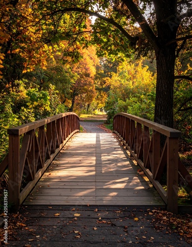 A serene wooden bridge surrounded by vibrant autumn foliage