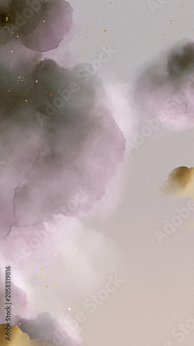 Light grayish purple watercolor background with golden cloud motifs and delicate specks showcasing elegant cultural branding and stationery design