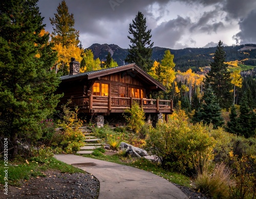 A serene wooden cabin nestled among vibrant autumn trees and winding path under a dramatic cloudy sky