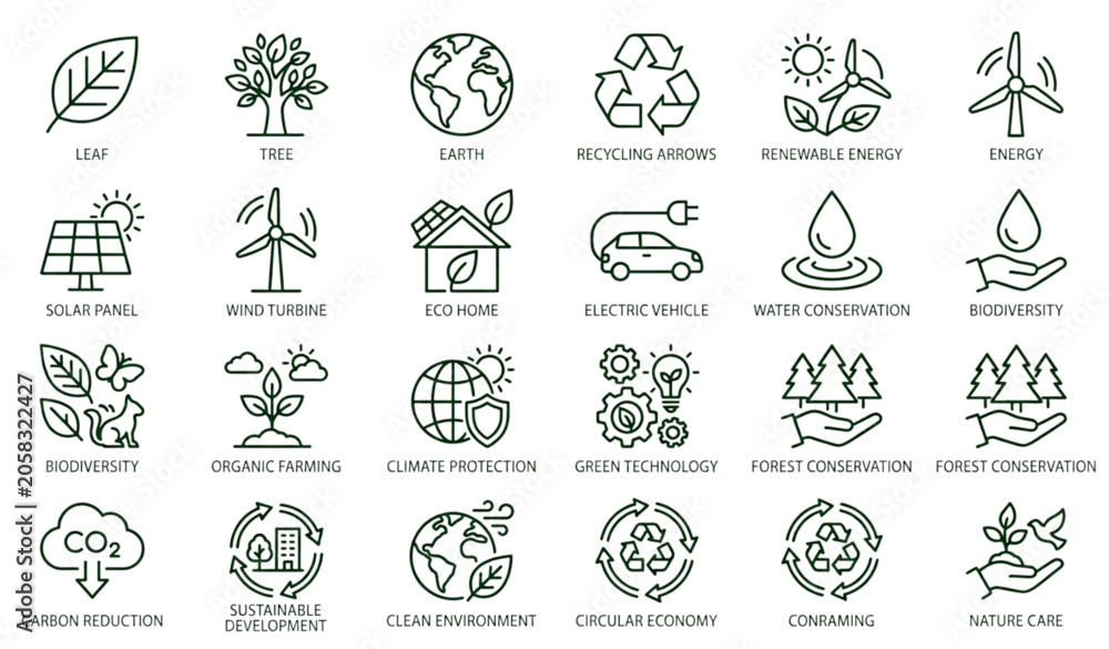 Obraz premium Ecology Linear Icon Set with Nature Renewable Energy and Environmental Sustainability Symbols