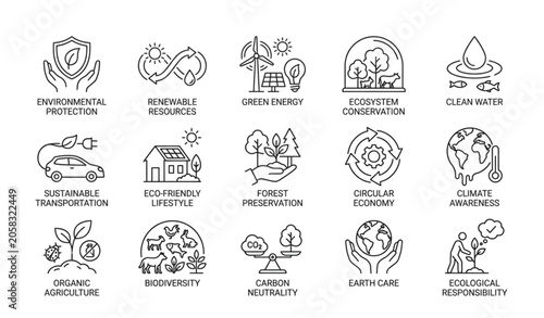 Quadro su tela Environmental Ecology Line Icons Featuring Green Living Conservation and Renewab