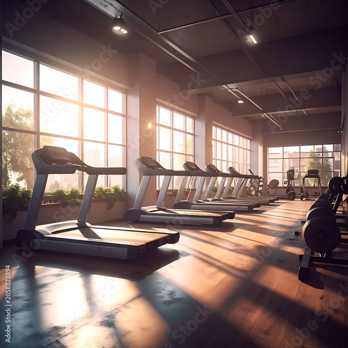 A well-lit gym interior with multiple treadmills and exercise equipment