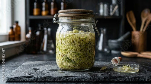 Jar of fermented sprouts and seeds, healthy probiotic food on kitchen counter.