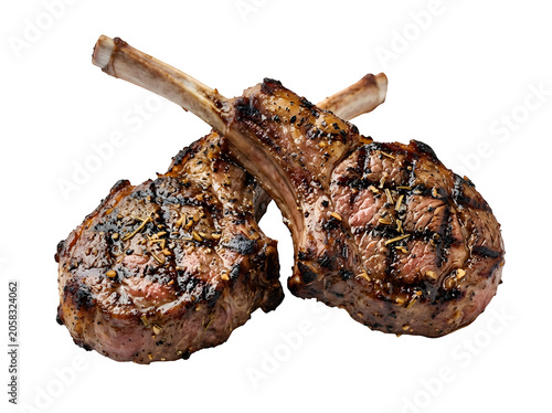 Two delicious grilled lamb chops with herbs and spices ready to eat for a gourmet dinner main course isolated on transparent background
