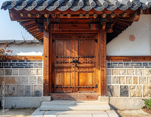 A traditional Asian-style house with a large wooden door and tiled roof
